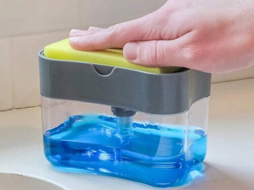 2 in 1 Sponge Rack Shelf Soap Detergent Dispenser Pump, Large Capacity with Sponge,