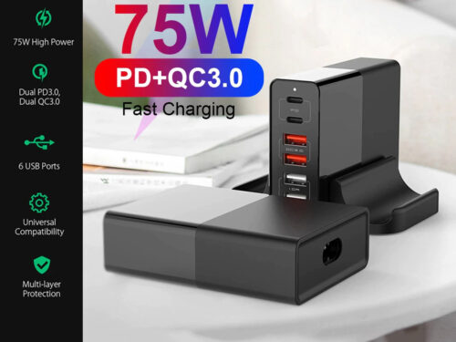 Devia Extreme 75W PD 6-Port Desktop Adapter, 65W Power Delivery Type C & 4 USB A Ports Quick Charger