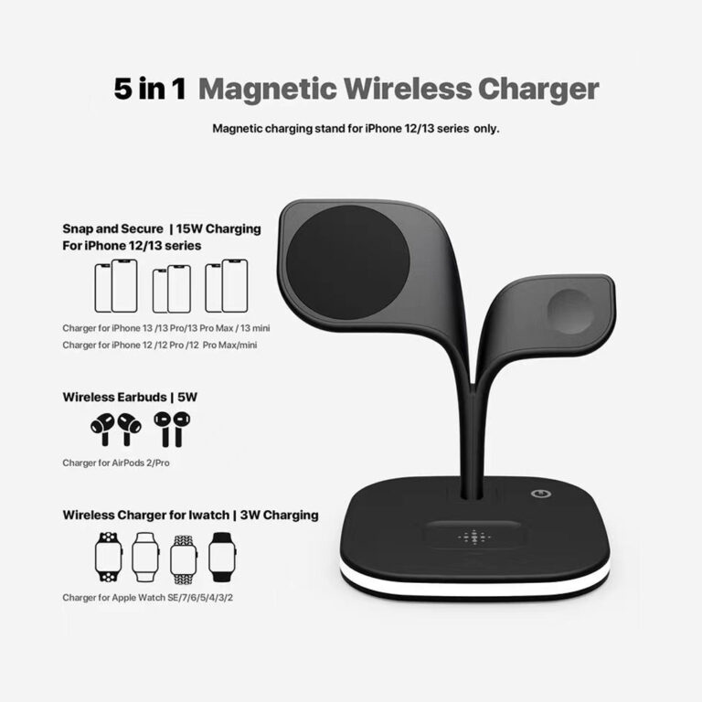 5 in 1 charger with wireless charging base magnetic station for fast charging 15W with LED desk lamp