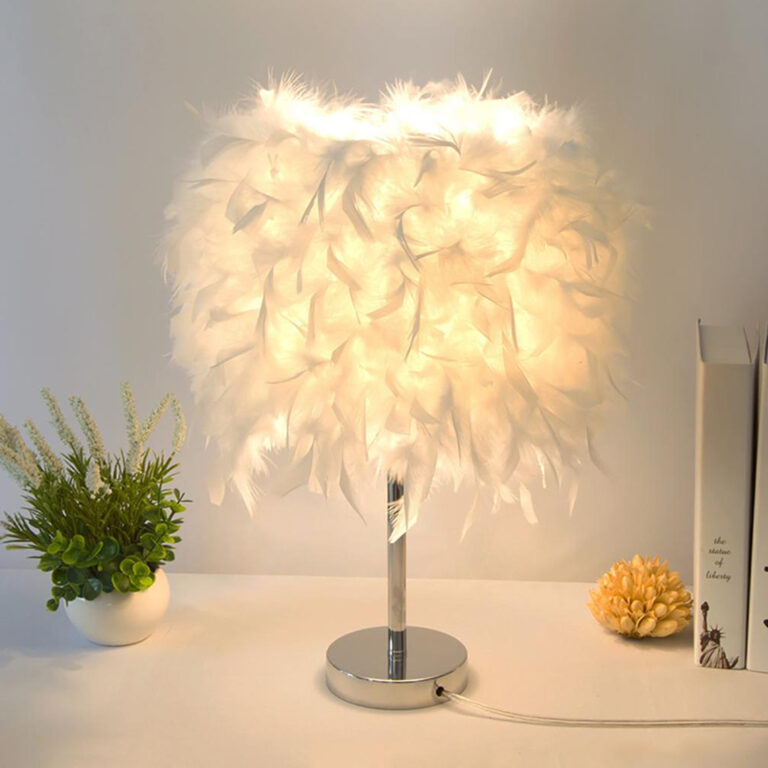 220V Feather Shade Table Lamp Metal Bedside Desk Vintage Night Light