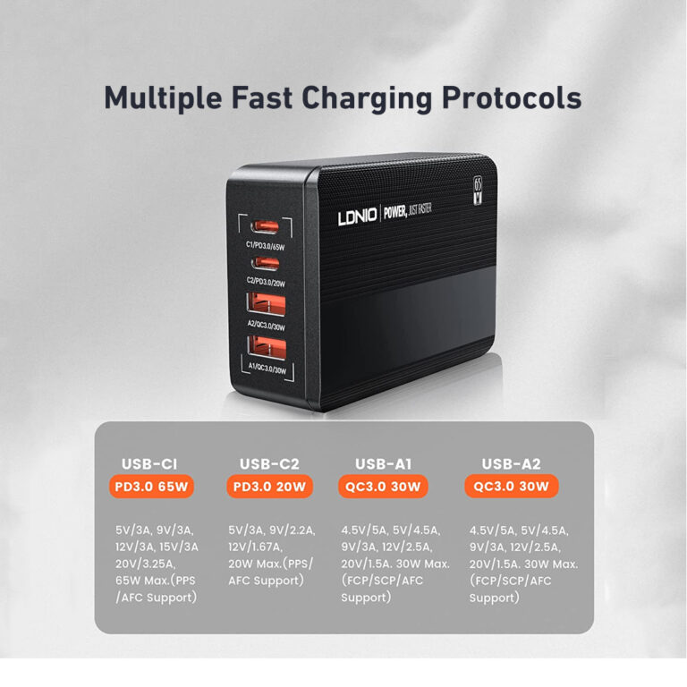 LDNIO A4808Q 65W Two PD Type-C and Two QC3.0 Super Fast Charging Desktop Mobile Charger