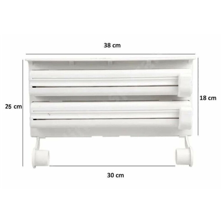 Triple Paper Dispenser | 4 in 1 Foil Cling Film Tissue Paper Roll Holder for Kitchen with Spice Rack