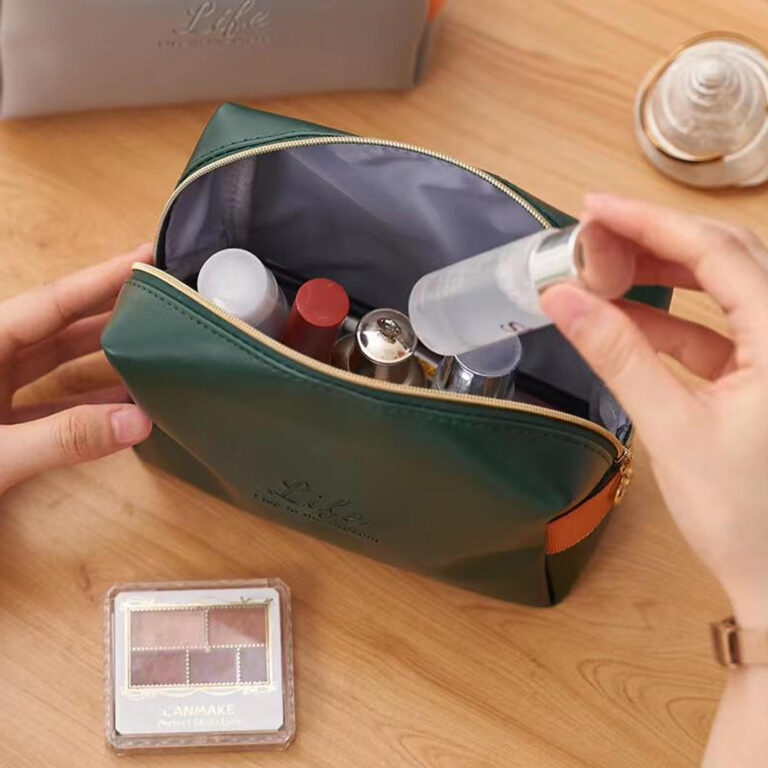 Zipper Cosmetic Makeup Bag Portable Brush Pouch Women PU Leather Travel Daily Use Storage Toiletry Organiser
