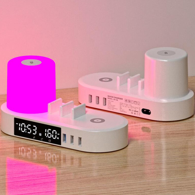 Charging Dock USB and Wireless Fast Charging Versatile Phone Charging Dock with Digital Alarm Clock and Colorful LED Night Light