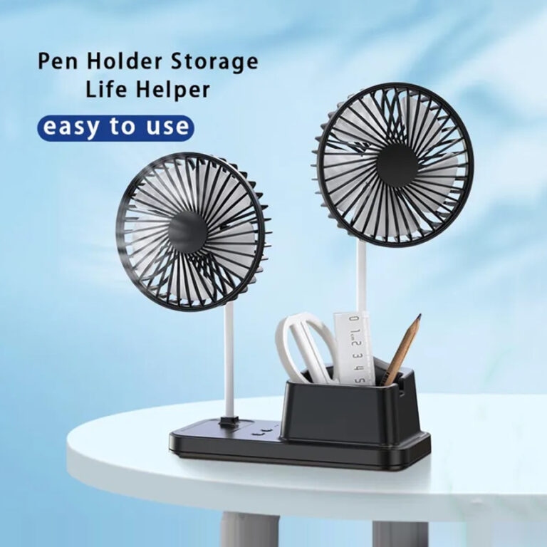 Double-Head Fan with Pen Holder 10W Rechargeable 3-Speed Noiseless