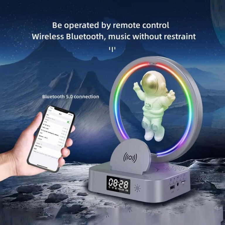 Y-558 Astronaut Magnetic Wireless Speaker with Wireless Charger, Digital Clock, and Colorful RGB Lighting