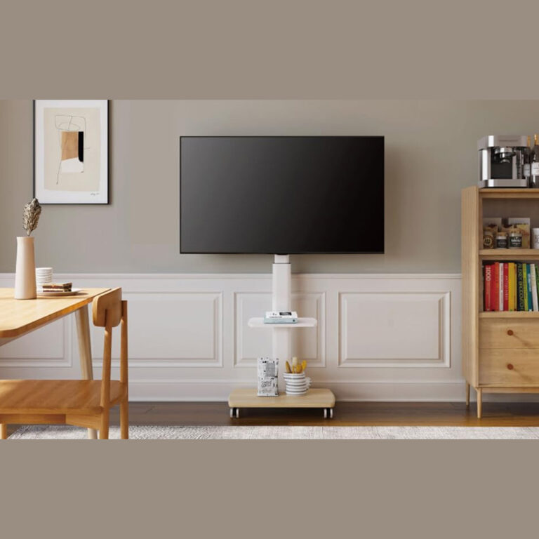 Height-adjustable Mobile TV Stand with Wooden Base and Storage Shelf
