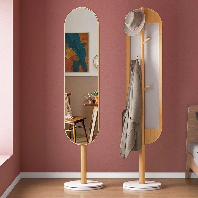 Modern Rotatable Mirror With 360° Rotating Wooden Base