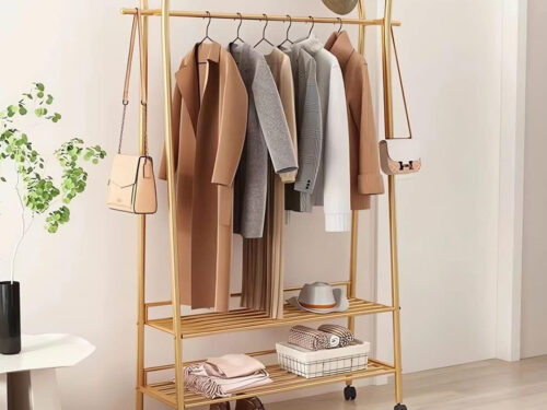 Metal Clothes Stand with 8 Hooks and 2-Tier Bottom Storage Rack