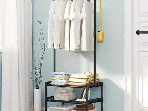 Multifunctional Clothes Organizer Rack with 3 Storage Racks, Top Hanging Rod and 4 Rotating Wheels