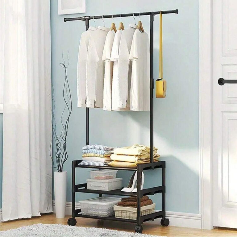 Multifunctional Clothes Organizer Rack with 3 Storage Racks, Top Hanging Rod and 4 Rotating Wheels