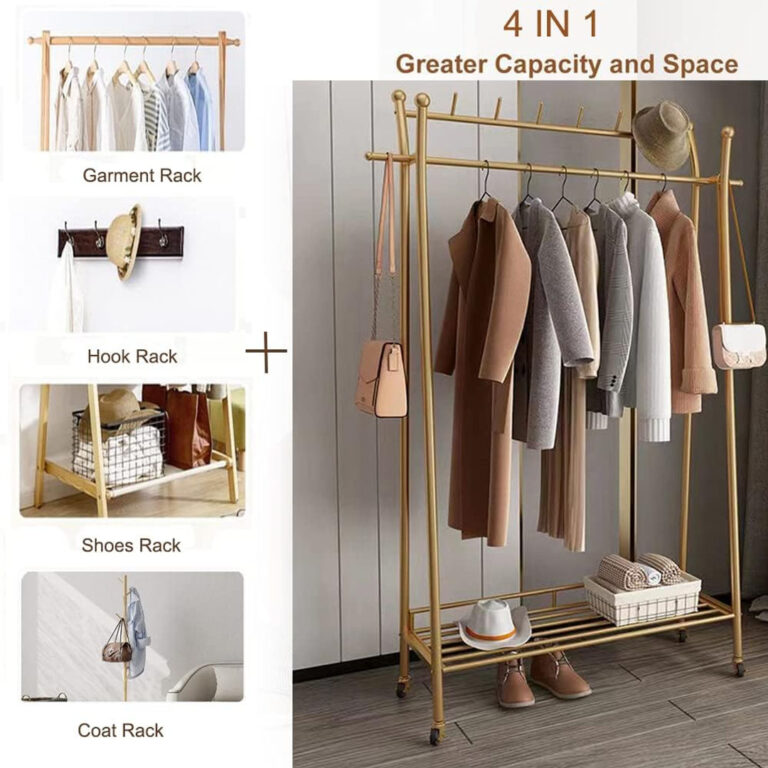 Metal Clothes Stand with 8 Hooks and 2-Tier Bottom Storage Rack