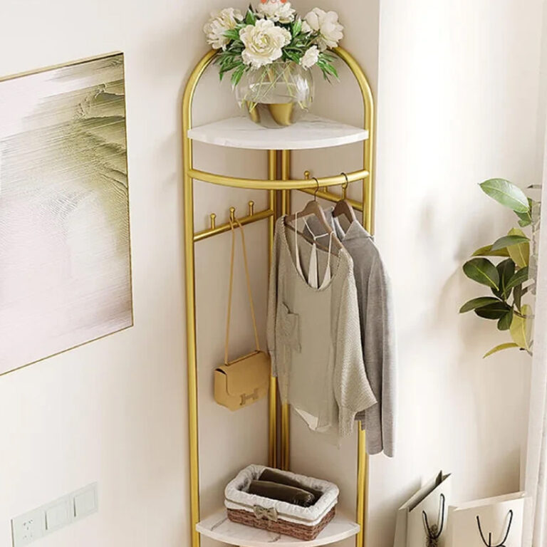 Metal Clothes Stand with 3 Wooden Shelves for Storage and 6 Hooks