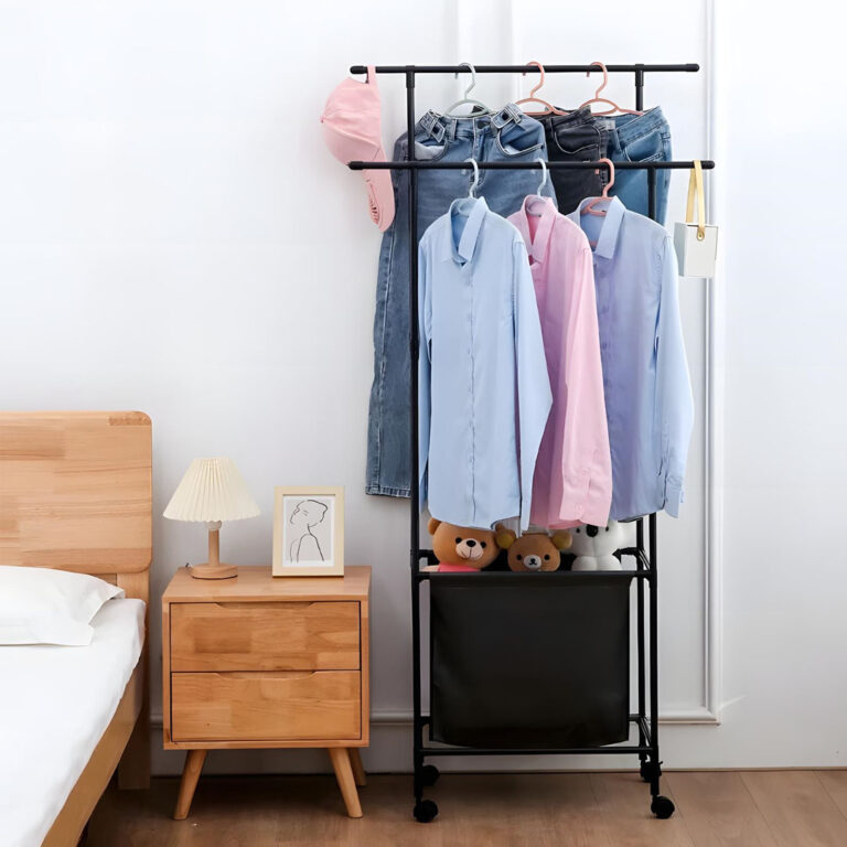 Double Metal Clothes Hanging Rack with Storage Bag and 4 360 Degree Swivel Wheels