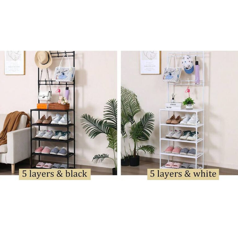Multifunctional Shoe Organizer Rack with 5 Shelves and 8 Hooks Waterproof