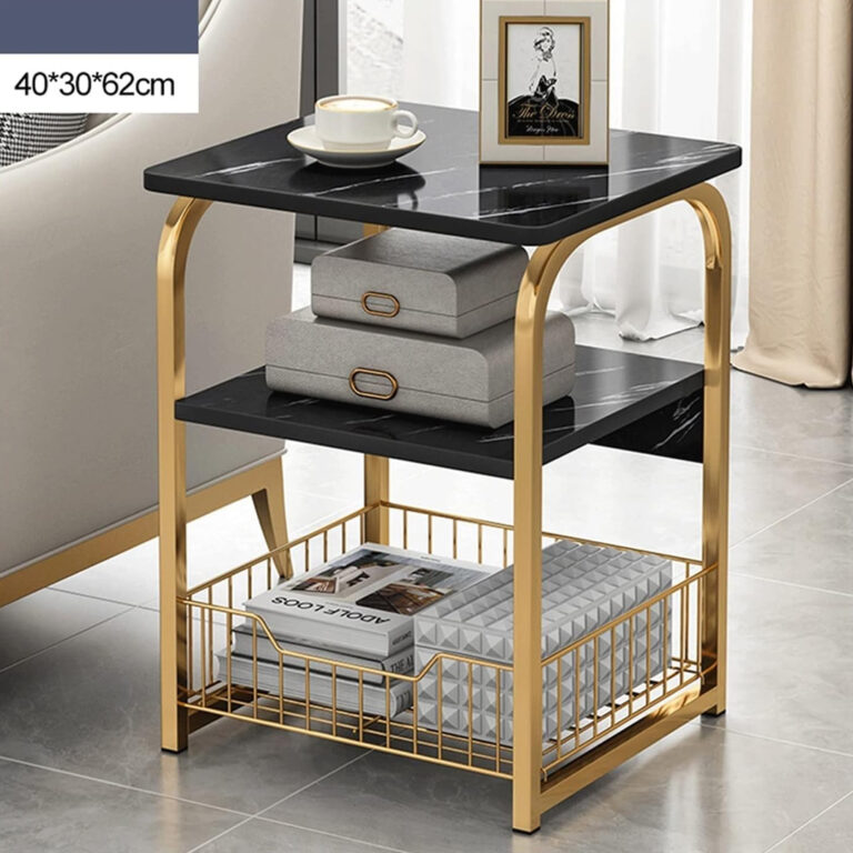Modern Side Table with Two Shelves and Basket with a Sturdy Metal Frame and a Stable Base