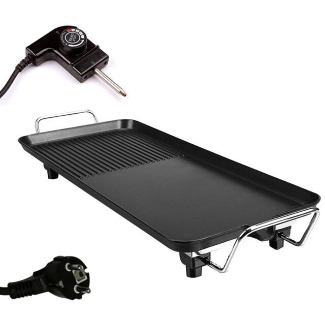Large Electric Non-Stick Grill 1500W with Adjustable Thermostat and Non-Slip Padded Legs