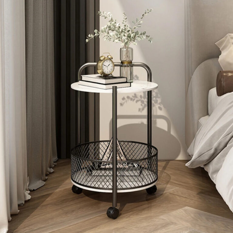 Marble Double Round Table with Handle, Metal Bottom Shelf and 3 Swivel Wheels