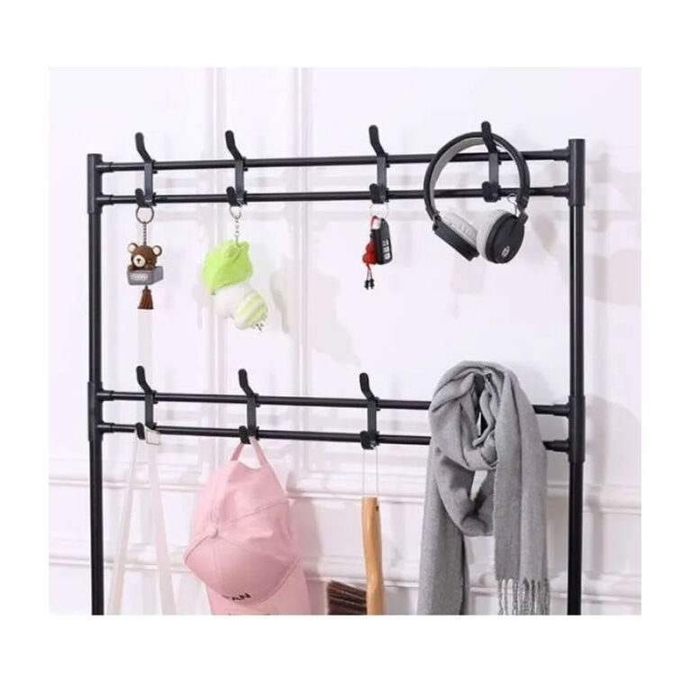 Multi-purpose Organizer Stand with Storage Basket, 8 Clothes Hangers and 4 Wheels