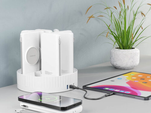 Powerology Power Bank Station, 8 Units, 10,000 mAh, with 2 Built-in Lightning & Type-C Cables